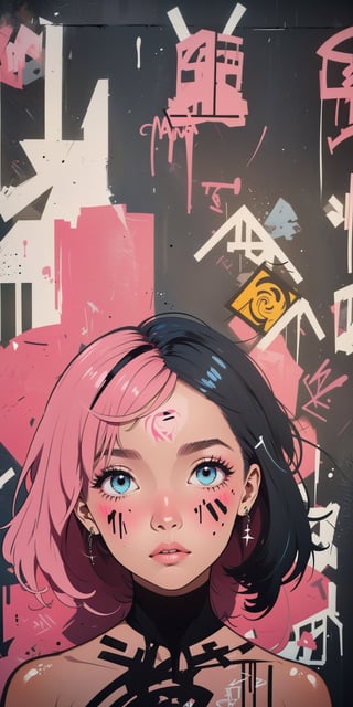 2D, (Margo Robbie, graffiti on the wall:1.5), casual outfit, vibrant, detailed, close up, very attractive, sport figure, abstract, masterpiece, high quality, (street art style:1.2), (blended black and pink hair:1.3), bright blue eyes, splatoon colors, dynamic pose, graffitiStyle,highres
