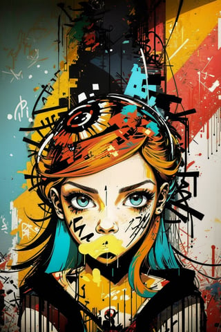 2D, (graffiti of woman:1.5), casual outfit, vibrant, detailed, close up, very attractive, sport figure, abstract, masterpiece, high quality, (street art style:1.2), (blended red and yellow hair:1.3), bright blue eyes, splatoon colors, dynamic pose, graffitiStyle,highres,Anime,graffitiStyle