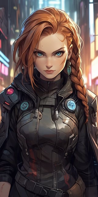 (masterpiece, high quality, 8K, high_res), cuberpunk and cyberfuturism style illustration, merge ink drawning and anime style, beautiful ginger woman, slavic facial features, braids /mixed ginger and bright red colors/, leather black cloak with white elements, convey the dark side of the cyberpunk world with the permissiveness of corporations and corruption, the girl main character of the sci-fi novel is part of this world, ready to do any work for the sake of money, but faced with betrayal,