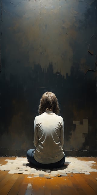 (masterpiece, high quality, 8K, high_res), 
extremely detailed illustration, abstract picture, symbolism, sensual, dark, dramatic, sad, psyholigic,
an empty room with black walls, text written on the walls in white letters, a girl sits in the center of the room, her pose expresses despair and depression,
The room itself symbolizes the place in her mind where she hid all her regrets, fears, doubts, which are expressed in the form of text on the walls, and her being in this room signifies her attempts to cope with mental problems. The desperation pose suggests that she can't handle it. The film raises the theme of loneliness and the inability to cope with depression personally, that everyone needs help and courage to share their problems with others.