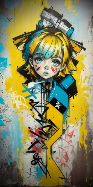 2D, (Margo Robbie, graffiti on the wall:1.5), casual outfit, vibrant, detailed, close up, very attractive, sport figure, abstract, masterpiece, high quality, (street art style:1.2), (blended blue and yellow hair:1.3), bright blue eyes, splatoon colors, dynamic pose, graffitiStyle,highres