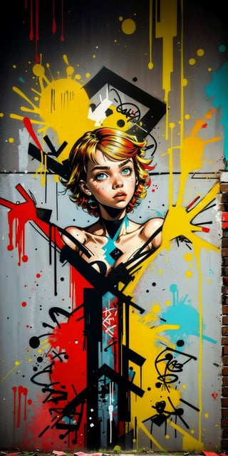 2D, (Margo Robbie, graffiti on the wall:1.5), casual outfit, vibrant, detailed, close up, very attractive, sport figure, abstract, masterpiece, high quality, (street art style:1.2), (blended red and yellow hair:1.3), bright blue eyes, splatoon colors, dynamic pose, graffitiStyle,highres