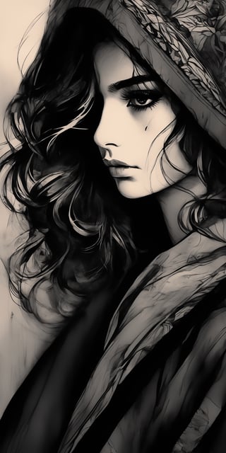 (masterpiece, high quality, 8K, high_res), 
ultra detailed illustration, ((ink drawning and pencil shading)),
image of beatiful young woman with sad slight smile and a makeup smeared from tears,
the picture tells the story of a breakup, when the heroine hears rumors about the happiness of her former love and she experiences conflicting feelings. On the one hand, she doesn’t want him to be happy, because she is no longer in his life, but on the other hand, she is glad that he found the strength to move on, while she still could not do this.
The image should be sensual, melancholy, beautiful and understandable. The simple execution should contain a story that touches the soul and evokes emotions. The motive of teenage love and infantilism is suitable, when sincere feelings lead to contradiction with oneself.fflixmj6,portraitart