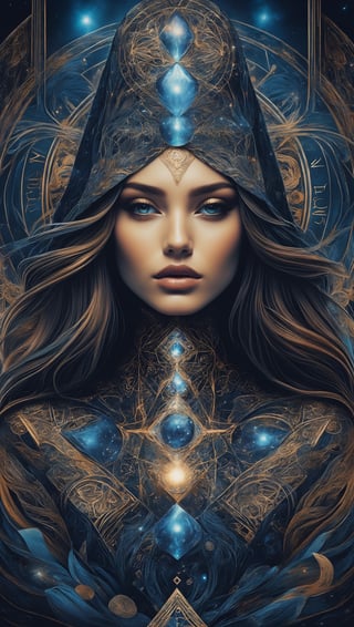 abstract portrait of beatiful girl in tarot cards style. Intricate detail, merge mystery of taro and endless beauty of space. Dark palette, artwork, crisp lines, rough aesthetics, masterpiece, abstract, surrealism,DonMMy51ic4lXL