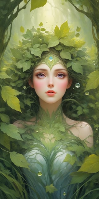 masterpiece, high_res, high quality, 
create abstract piciture with surrealism, abstract and fantasy elements in flat style. a woman of incredible beauty in the role of a forest dryad, with her beauty she is able to conquer the world, with her elegance to win any heart, with her tenderness to melt any ice. Beautiful hair the color of spring leaves enhances the beauty of her pink eyes. The patterns on the face are somewhat reminiscent of geometric shapes. Autumn foliage is her dress. Summer morning dew is her tears. With his cruelty, man made her as cold as winter. Fate made her the living embodiment of all four seasons.
extremely detailed, elegant drawning, ink and pencil style, realism in absurdes picture, truly masterpiece artwork, award winning,Flat vector art