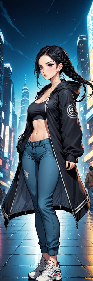 1 young woman, beautiful and attractive and seductive, high detailed jacket with hood, hood on the head, bra under the hood, jeans, dynamic pose, black hair with braid, pale orihalk eyes, dark colors. high contrast, detailed night city background, masterpiece, high quality, (((4K))), fushion of cartoon and korean comic styles, influence by the best comic artists, by badabum27,ULTIMATE LOGO MAKER [XL],LOGO,Decora_SWstyle