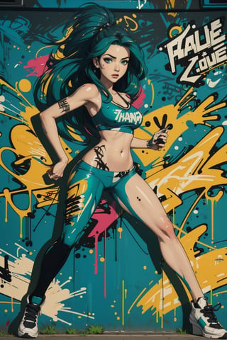 2D, graffitiStyle, (graffiti of perfect girl, random view, solo: 1.5), casual outfit, vibrant, detailed, very attractive, elegant face, sport figure, abstract, masterpiece, high quality, (emerald hair: black hair: 1.3), bright blue eyes, splashes of paint, dynamic pose, ,graffitiStyle