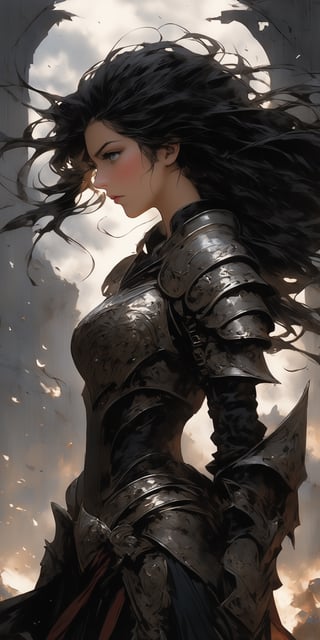 masterpiece, high_res, high quality, 
(side view:1.5), (full length view:1.5), epic fantasy illustration, merge detalization of manga style and realistic drawning of tradtiional arts, flat, dark colors palette, ink drawning, fiction,
incredibly beautiful and attractive woman weared armor, stands with her shoulders slumped, sad and exhausted, (very detailed outfit:1.3). (a woman must convey fragile beauty on whose shoulders lies the fate of the world and this oppresses her). the picture looks like a book cover. Use histories about feamle heroes. 
Surreal battlefield background, fusion cruelty of real war and symbolism of hero eposes, intricate and unexpected detailes. Dark and gothic. 
(detailed hair, detailed eyes, detailed hair:1.3)
