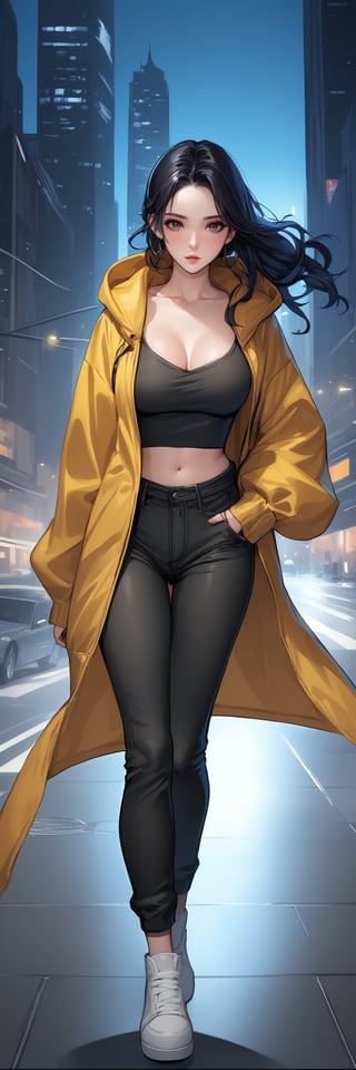 1 young woman, beautiful and attractive and seductive, high detailed jacket with hood, hood on the head, bra under the hood, jeans, dynamic pose, black hair with braid, pale orihalk eyes, dark colors. high contrast, detailed night city background, masterpiece, high quality, (((4K))), fushion of cartoon and korean comic styles, influence by the best comic artists, by badabum27,ULTIMATE LOGO MAKER [XL],LOGO,Decora_SWstyle