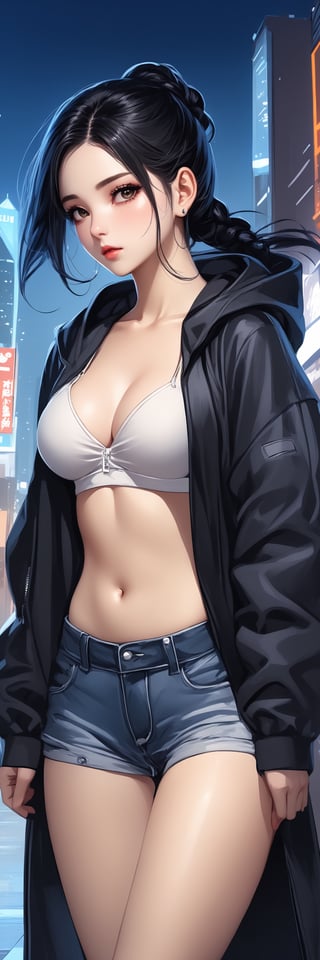 1 young woman, beautiful and attractive and seductive, high detailed jacket with hood, hood on the head, bra under the hood, jeans, dynamic pose, black hair with braid, pale orihalk eyes, dark colors. high contrast, detailed night city background, masterpiece, high quality, (((4K))), fushion of cartoon and korean comic styles, influence by the best comic artists, by badabum27,ULTIMATE LOGO MAKER [XL],LOGO,Decora_SWstyle