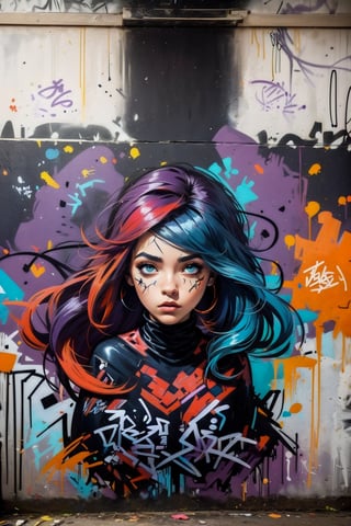 2D, (Zayra \League of Legend\, graffiti on the wall, solo: 1.5), casual outfit, vibrant, detailed, close up, very attractive, sport figure, abstract, masterpiece, high quality, (street art style, graffiti:1.2), (blended purple and orange and blue hair:1.3), bright blue eyes, splatoon colors, dynamic pose, graffitiStyle,highres