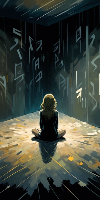 (masterpiece, high quality, 8K, high_res), 
extremely detailed illustration, abstract picture, symbolism, sensual, dark, dramatic, sad, psyholigic,
an empty room with black walls and white text symbols on them, a girl sits in the center of the room, her pose expresses despair and depression,
The room itself symbolizes the place in her mind where she hid all her regrets, fears, doubts, which are expressed in the form of text on the walls, and her being in this room signifies her attempts to cope with mental problems. The desperation pose suggests that she can't handle it. The film raises the theme of loneliness and the inability to cope with depression personally, that everyone needs help and courage to share their problems with others.,ghibli