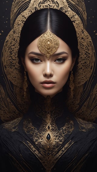 abstract portrait of beatiful girl in taro cards style. Intricate detail, merge mystery of taro and elegant style of the best dark style artists. Dark palette, artwork, crisp lines, rough aesthetics, masterpiece, abstract, surrealism, gold eyes
