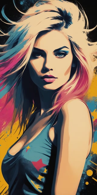 let's create an abstract portrait about beautiful young woman as the Rockstar, a mixture of grunge chaos and pop art display, symbolism, post modern, portraitart