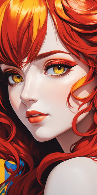 masterpiece, high_res, high quality, bright manga style, vibrant, 
close up side view portrait of woman, bright red hair, bright yellow eyes, touches herself face, slight smile, incredibly detailed face, very detailed eyes, very detailed mouth, seductive and elegant, merge fashion photoshot and abstract picture, intricate colors blend, pastel palette, truly artwork. beautiful and aesthetic,Leonardo Style