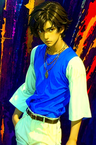 1boy, solo, Setsuna, oil painting, impasto, looking at viewer, a handsome young man, 18 years old, dar_brown hair, brown eyes, athletic figure, tribal necklace, urban psychedelic outfit, psychedelic  background, masterpiece, nijistyle, niji, ,sciamano240, soft shading, seiei