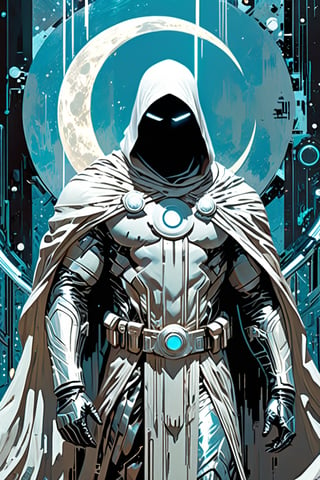 Moon Knight, white ornaments, sci fi, highly technology, iconographic, glitch background, interactive image, highly detailed, art style by Clayton Crain + Ross Tran + Rachel Walpole + Jeszika Le Vye + Dan Volbert + Simon Stalenhag + Brian Stelfreeze