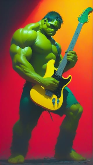 A futuristic Hulk playing an electric guitar, symbolizing a timeless connection between past and future. vibrant colors. vibrant colors, MASTERPIECE by Aaron Horkey and Jeremy Mann, masterpiece, best quality, Photorealistic, ultra-high resolution, photographic light, illustration by MSchiffer, fairytale, Hyper detailed