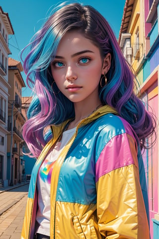 1girl, solo, a beautiful woman, 19 years old, oil painting, impasto, looking at viewer, long magenta yellow cyan wavy hair,  blue-green eyes, tomboy aesthetic, rainbow jacket, white t-shirt, urban psychedelic outfit, psychedelic  background, masterpiece, ,sciamano240, soft shading, soft shading, Vee
