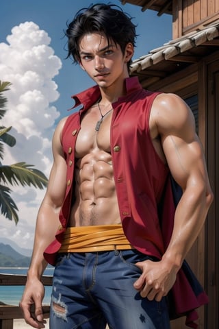 a handsome young man, 19 years old, with a pretty face, tall and of medium build. Short wavy black hair, light olive skin. with a slim and athletic body. he wears a straw hat on his head. He wears a baggy red sleeveless jacket that extends to mid-thigh, accompanied by a pair of baggy jeans. He keeps his jacket unbuttoned, exposing the detailed muscles of him. In the background is a beach surrounded by tropical jungle and the sea in the distance, sciamano240, 1boy, Wrenchftmfshn,1utf1