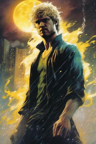 Iron Fist, Daniel "Danny" Rand, Marvel Comics, extremely vibrant colours, Highly detailed, highly cinematic, close-up image of a deity of martial_arts, perfect composition, psychedelic colours, magical flowing mist, city in the distance, nightsky, silver_fullmoon,   lots of details, rain downpour hurricane thunder lightnings sparkles metallic ink, beautifully lit, a fine art painting by drew struzan and karol bak, gothic art, dark and mysterious, ilya kuvshinov, russ mills, 
