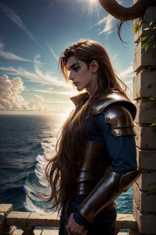 a handsome young  man, 21 years old, wavy brown hair, long shoulder-length hair, brown eyes, brown cyberarmor, orange ornaments, standing in an Iberian nature scene with the sea in the distance, sunny day, clear blue sky, light bright, soft colors, masterpiece, intricate and elaborate details, sciamano240, eldritchtech