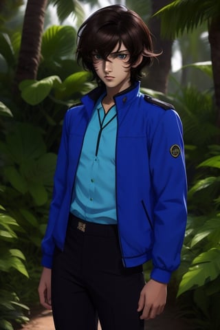 Soran Ibrahim or Setsuna F. Seiei, is a young man of 18 years old, with thick brown hair, tanned skin, amber eyes. Slim build. he wears a blue shirt with white and black elements. He wears a thigh-length blue jacket, with black, indigo colors. he wears baggy black pants. In the background a tropical forest and in the distance the Gundam 00. solarpunk world. interactive image, highly detailed. 1boy, seiei, sciamano240