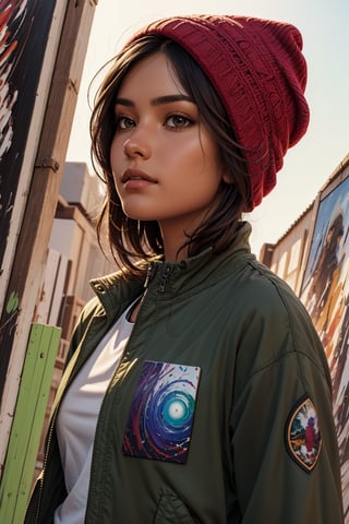 1girl, solo, a beautiful woman, 19 years old, oil painting, impasto, looking at viewer, short brown hair, hair shaved on the sides, Red  knit cap,  brown eyes, brown skin, tomboy aesthetic, athletic body, green jacket, white t-shirt with purple horizontal stripes, urban psychedelic outfit, psychedelic  background, masterpiece, ,sciamano240, soft shading, soft shading, 1girl, Luz Noceda