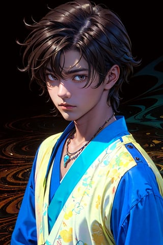 1boy, solo, Setsuna, oil painting, impasto, looking at viewer, a handsome young man, 18 years old, dar_brown hair, brown eyes, athletic figure, tribal necklace, urban psychedelic outfit, psychedelic  background, masterpiece, nijistyle, niji, ,sciamano240, soft shading, seiei