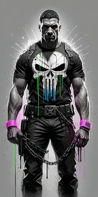 Black and white sketch, realistic, The Punisher, chains, (((splashes of neon colors))), neon colors