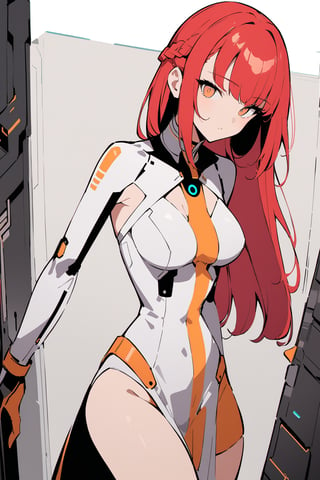 Luna with red hair, brown eyes, in futuristic cyberpunk outfit, in a dramatic pose, three-quarter shot, masterpiece, best quality, 4k, absurdres, 2D, flat colors, clear colors, white outline.