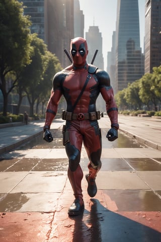 A men among mortals, Deadpool strides across the lawa with casual grace, his rippling muscles glistening in the sunlight. The city skyline towers in the background, a testament to his power and influence. The image is a modern masterpiece, rendered in stunning detail with legendary colors that pop off the screen. The dynamic shot captures the power and majesty of the moment, while the superrealism and cinematography bring it to life.

