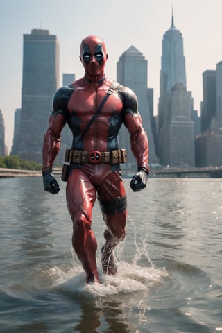 A god among mortals, Deadpool strides across the water with casual grace, his rippling muscles glistening in the sunlight. The city skyline towers in the background, a testament to his power and influence. The image is a modern masterpiece, rendered in stunning detail with legendary colors that pop off the screen. The dynamic shot captures the power and majesty of the moment, while the superrealism and cinematography bring it to life.

