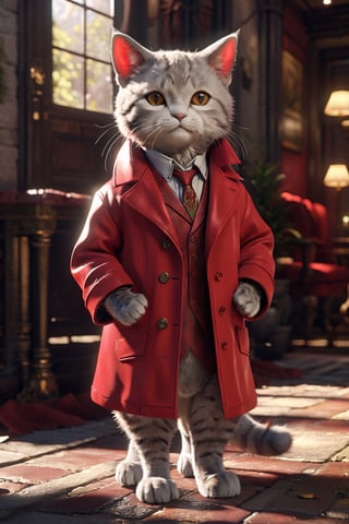 a litle cat wearing a red formal overcoat, hyperrealistic, concept art, octane render, unreal engine 5, trending on DeviantArt, highly detailed, high quality, 8K, soft lighting, cute, natural lighting, realistic face, trending on Artstation, elegant clothes, profile picture, path traced, house background,more detail XL