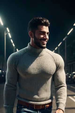 best quality, masterpiece,	(muscular Latino guy, 28year old:1.5),	(walking theme:1.4), walking with a dog, (body covered in words, words on body:1.1), tattoos of (words) on body:1.3), (a fine beard:0.8),	(a big smile:1.2),	cinematic lighting, ambient lighting, sidelighting, cinematic shot,	Waist-up Side-view,	beautiful and aesthetic, vibrant color, Exquisite details and textures, cold tone, ultra realistic illustration,siena natural ratio, anime style, 	Short Blunt Cut Bob haircut,	wearing a highneck long_sleeve knit sweater and jeans, 	ultra hd, realistic, vivid colors, highly detailed, UHD drawing, perfect composition, ultra hd, 8k, he has an inner glow, stunning, something that even doesn't exist, mythical being, energy, molecular, textures, iridescent and luminescent scales, breathtaking beauty, pure perfection, divine presence, unforgettable, impressive, breathtaking beauty, Volumetric light, auras, rays, vivid colors reflects.