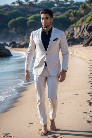 masterpiece, best quality, 8k, 1man, (front Photo), shiny skin, facial hair, walking on fashion show runway beach stage, wearing suit, highly detailed face and skin, realistic, mature, stubble, muscular, handsome, male focus, light particles, rim light, Use light to shine through clothes to reveal muscle contours, full body, skin color shows through the fabric of clothes,