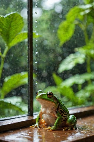 (best quality,4k,8k,highres,masterpiece:1.2),ultra-detailed,(realistic,photorealistic,photo-realistic:1.37),indoor,window,raining,water droplets,frog,lofi vibe,beautiful view,serene atmosphere,soft light,cozy interior,calmness,comfortable ambiance,dreamy scenery,subtle reflections,peaceful color palette,tranquil experience,lovely frog on the windowsill,glistening water droplets on the glass,gentle raindrops tapping on the window,green foliage outside the window,ethereal mist in the distance,ambient music playing in the background,serenity captured through the rain-speckled window pane