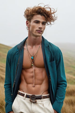 ((European male)), young, ((25 years old)), ((high school boy)), handsome, ((wave hair)), blue eyes, ((jawline)), ((freckle whole body)), ((showing upper body)), open upper chest, bohemian clothes style, bohemian jewelry, full body. on a rainy hill top