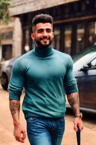 best quality, masterpiece,	(muscular Latino guy, 28year old:1.5),	(walking theme:1.4), walking with a dog, (body covered in words, words on body:1.1), tattoos of (words) on body:1.3), (a fine beard:0.8),	(a big smile:1.2),	cinematic lighting, ambient lighting, sidelighting, cinematic shot,	Waist-up Side-view,	beautiful and aesthetic, vibrant color, Exquisite details and textures, cold tone, ultra realistic illustration,siena natural ratio, anime style, 	Short Blunt Cut Bob haircut,	wearing a highneck long_sleeve knit sweater and jeans, 	ultra hd, realistic, vivid colors, highly detailed, UHD drawing, perfect composition, ultra hd, 8k, he has an inner glow, stunning, something that even doesn't exist, mythical being, energy, molecular, textures, iridescent and luminescent scales, breathtaking beauty, pure perfection, divine presence, unforgettable, impressive, breathtaking beauty, Volumetric light, auras, rays, vivid colors reflects.,1boy