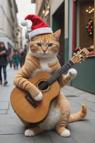 a cool and charismatic cat, donning a festive Christmas hat, BREAK, skillfully strumming a styr guitar while entertaining passersby on a lively street. The cat's playful expression and rhythmic paw movements exude a natural musical talent, captivating the audience with its melodic tunes. The Christmas hat adds a touch of holiday cheer to the scene, as onlookers pause to enjoy the impromptu street performance.