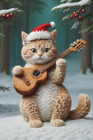 a cool and charismatic cat, donning a festive Christmas hat, BREAK, skillfully strumming a styr guitar while entertaining passersby in a lively forest. The cat's playful expression and rhythmic paw movements exude a natural musical talent, captivating the audience with its melodic tunes.