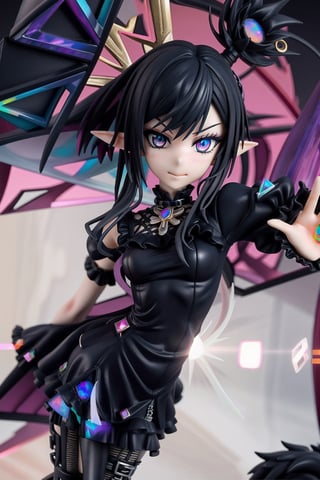 anime-doll age21,doll-joints,half-punk-hair,sly-opal-anime-eyes,smug,blushing,slender-body,elf-punk, holographic-dress,opal,source lighting,radial lighting,intricate, ornate, elegant,sunray-illumination,3D,Goth