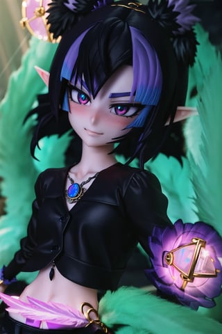 anime-doll age21,doll-joints,half-punk-hair,sly-opal-anime-eyes,smug,blushing,slender-body,elf_punk, fur&feathers,opal,source lighting,radial lighting,intricate, ornate, elegant,sunray-illumination,3D,Goth