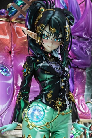 anime-doll age21,doll-joints,half-punk-hair,sly-opal-anime-eyes,smug,blushing,slender-body,elf-punk, holographic-image,gilded opal,source lighting,radial lighting,intricate, ornate, elegant,sunray-illumination,3D,Goth