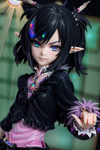 anime-doll age21,doll-joints,half-punk-hair,sly-opal-anime-eyes,smug,blushing,slender-body,elf_punk, fur&feathers,opal,source lighting,radial lighting,intricate, ornate, elegant,sunray-illumination,3D,Goth