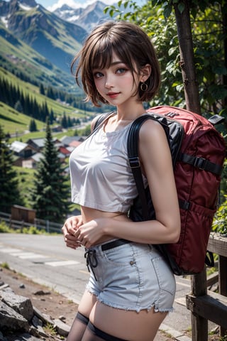 ((Best Quality)), ((Masterpiece)), ((Reality)), RAW photo, sexy girl, ,hug breasts , mountaineering, 20kg backpack,, , 8000M mountain,,, black stockings, white tight shorts, small earrings,short  hair, camp, blurred background, depression, , ridiculous res, (milf: 1.2),smile,, , ,  ,, ,curve18yo girl, feminine, bright studio lighting, bloom, volumetric light, sunlight, , (limbs: 1.1), (t-top), shorts , black decoration, ,, ((Europe mix)), 1girl, (), exquisite eyes, long eyelashes, eye makeup, seductive eyes,