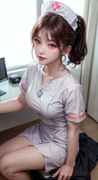 1girl,, realistic, , , , full body, seductive eyes, seductive lips, , realistic face, detailed eyes, frowning, bright lighting, no shadows, short_ponytails, ,   nurse uniform,, pink nurse uniform,, ( , girl looking  viewer, , , , slim and perfect body, ,Detailedface,photo of perfecteyes eyes, long eyelashes, , , {}, , , delicate facial features, short_ponytails, beautiful korean girl, asian white skin, eye smiling, sedutive,  (()), (), (,big breasts, water drop,, f-cup breasts, ), earrings,, small silver necklace,full body shot,sit,office_lady,NURSE UNIFORM NURSE CAP