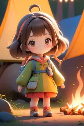 best quality, masterpiece, beautiful and aesthetic, vibrant color, Exquisite details and textures, Warm tone, ultra realistic illustration,	(cute Japanese girl, 9year old:1.5),	(Camping theme:1.4), camping with my dad,	cute eyes, big eyes,	(a surprised look:1.3),	cinematic lighting, ambient lighting, sidelighting, cinematic shot,	siena natural ratio, children's body, anime style, head to toe,	dark brown bun hair,	wearing a detailed tight short dress,	ultra hd, realistic, vivid colors, highly detailed, UHD drawing, perfect composition, beautiful detailed intricate insanely detailed octane render trending on artstation, 8k artistic photography, photorealistic concept art, soft natural volumetric cinematic perfect light. 