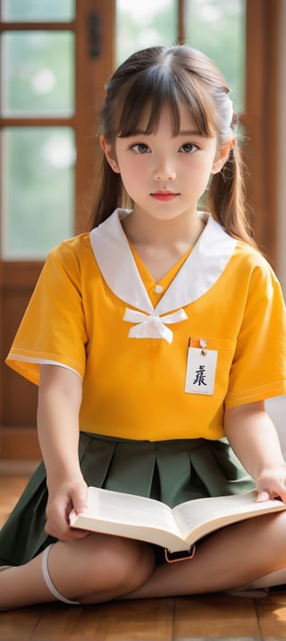 student girl, whole body, head to toe, sitting pose, sitting on surface, sitting at a wooden desk in a bright and cozy bedroom, capturing the studious and determined nature of the girl, in a realistic photographic style, shot with a Canon EOS 5D Mark IV camera, 50mm lens, capturing a depth of field that highlights the girl’s face and books, 7-9 year old, child, Japanese girl, school uniform, short skirt, front view, low angle