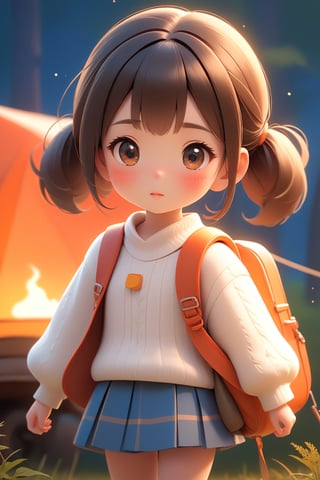 best quality, masterpiece, beautiful and aesthetic, vibrant color, Exquisite details and textures, Warm tone, ultra realistic illustration,	(cute Japanese girl, 9year old:1.5),	(Camping theme:1.4), camping with my dad,	cute eyes, big eyes,	(a surprised look:1.3),	cinematic lighting, ambient lighting, sidelighting, cinematic shot,	siena natural ratio, children's body, anime style, head to toe,	dark brown bun hair,	wearing a white highneck long_sleeve knit sweater and short_skirt,	ultra hd, realistic, vivid colors, highly detailed, UHD drawing, perfect composition, beautiful detailed intricate insanely detailed octane render trending on artstation, 8k artistic photography, photorealistic concept art, soft natural volumetric cinematic perfect light. 